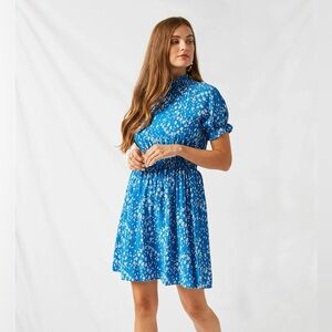 Hayden Dress Blue Floral Mock Neck Smocked A-Line Linen Blend Small Boho Cottage